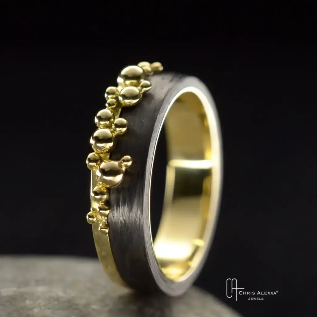 Bague carbone et or perlé