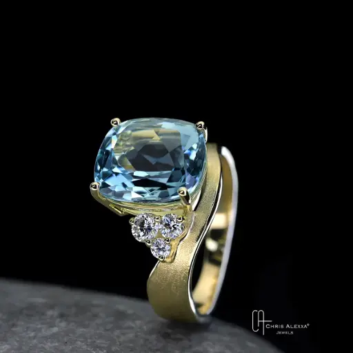 [5030] Bague stony aigue-marine 3 diamants or 