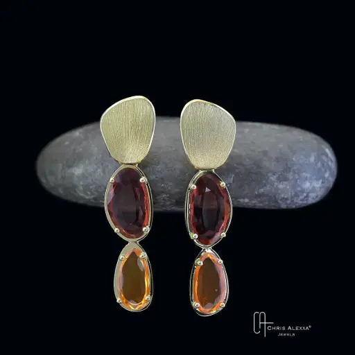 [5092] Boucles d'oreilles Cascade moyennes rhodolite opale or